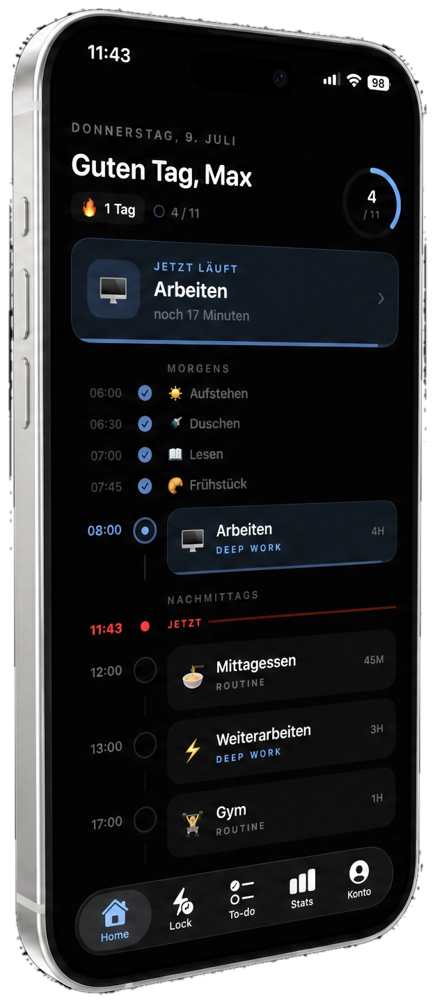 Jade App auf dem iPhone, Home-Ansicht mit Fokus-Session und Tagesplan