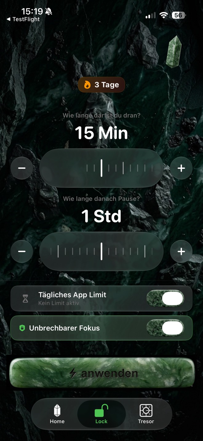Lock Tab von Jade: tägliches App Limit mit 15 Minuten Nutzung und einer Stunde Pause, dazu der Schalter Unbrechbarer Fokus.